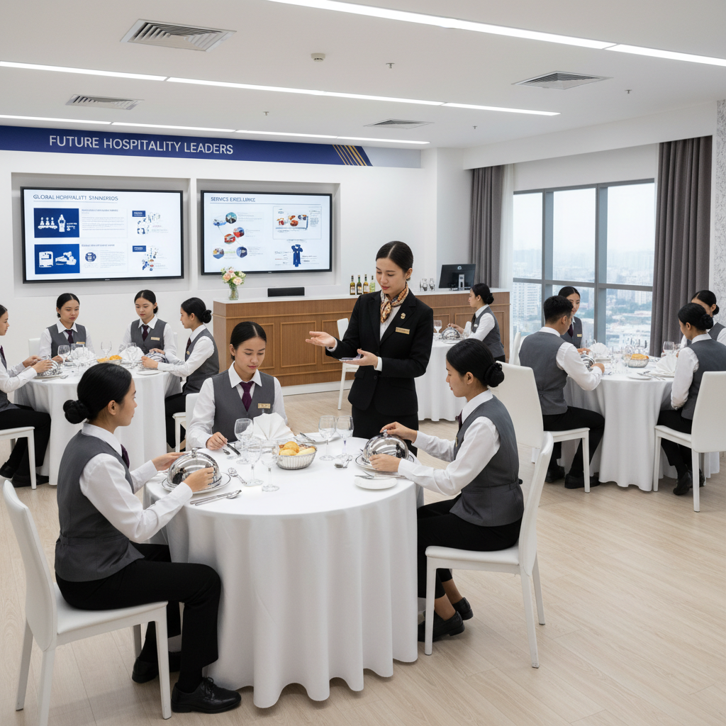 firefly geminiflash “hospitality training classroom with students in hotel uniforms practicing table setu 162459