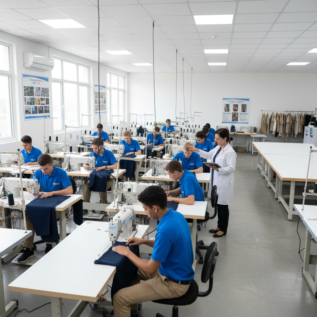 firefly geminiflash “trainees operating sewing machines in a structured training center, instructor super 162459