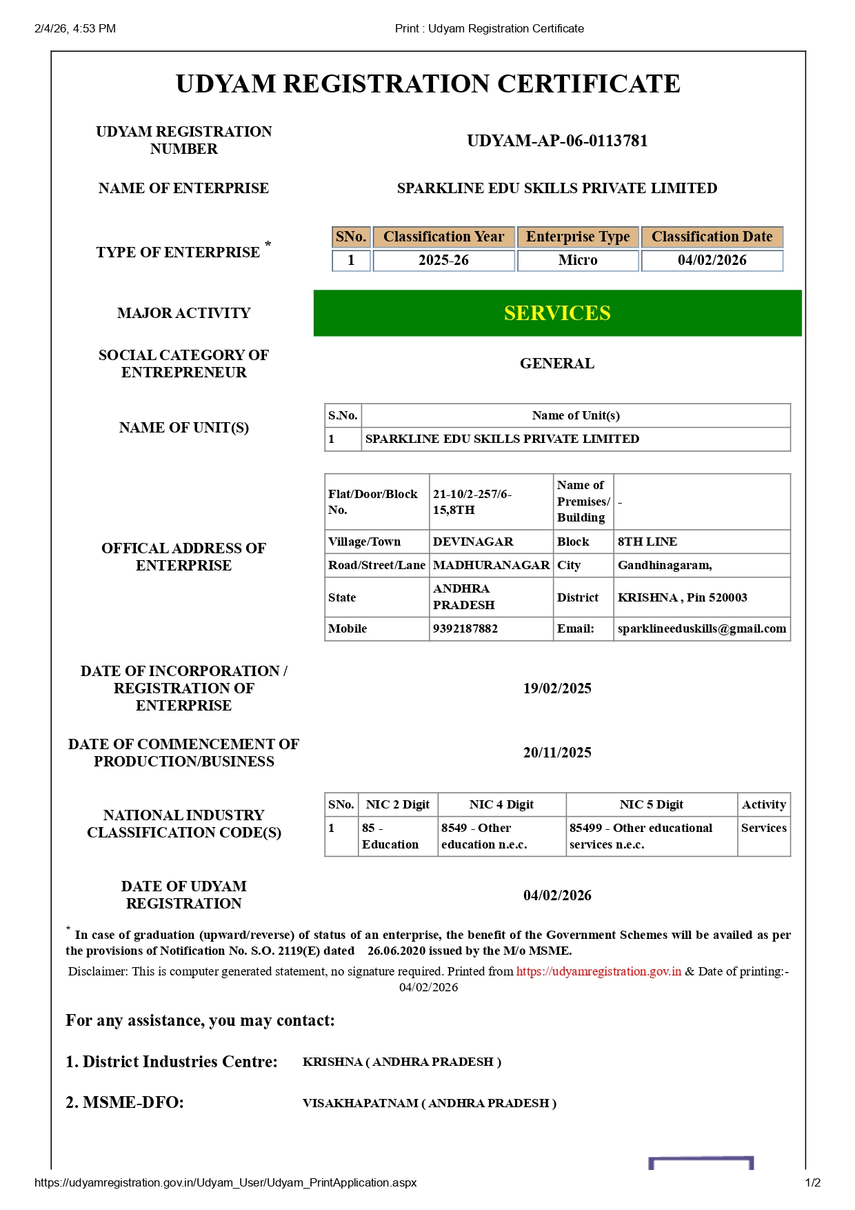 print udyam registration certificate 1 page 0001